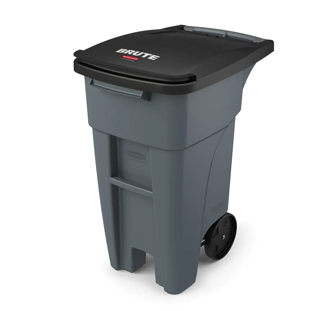 Rubbermaid 1971941 BRUTE 32‑Gallon Gray Trash Can with Hinged Lid, Auto‑Lifter Compatible, Wheels