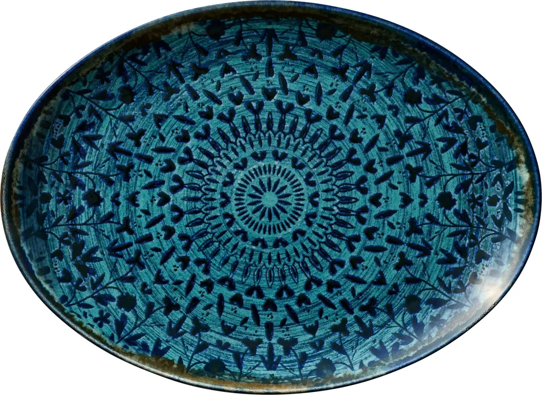 Libbey 803223241000301 Oval China Platter 13.75" x 5.88" x 1" Black Mirage, Safe - 6/Case