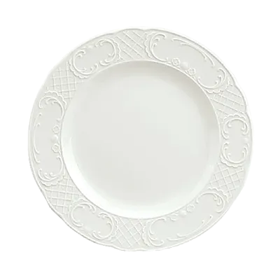 Schonwald 9060025 - 10" Round Porcelain Plate, Marquis Pattern, White™ Embossed Rim - 6/Case
