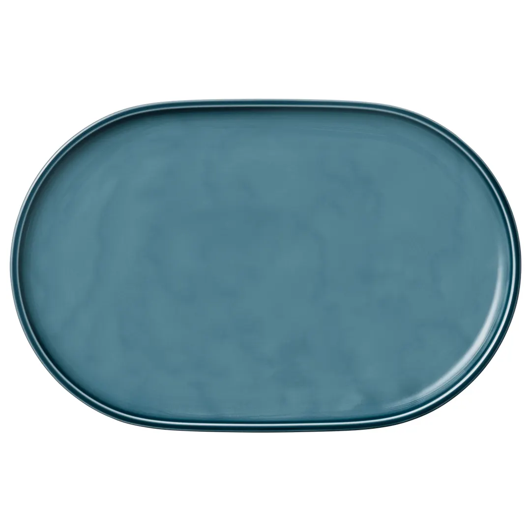 Playground 9252236E Oval Porcelain Platter, 14"-1/8 Dia x 9"-1/4 H, Coupe Rim, Petrol Blue - 4/Case