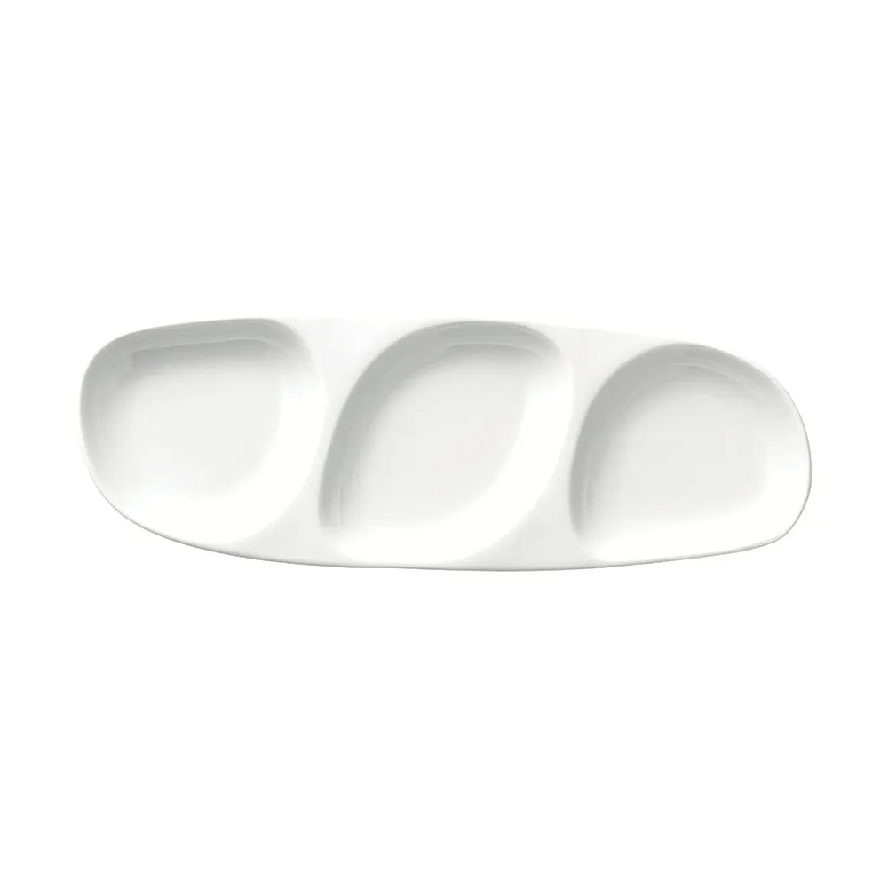 Libbey 999023303 Oval Porcelain Tray, 13.75" x 5", 3 × 3.5 oz Compartments, White Rigel - 12/Case