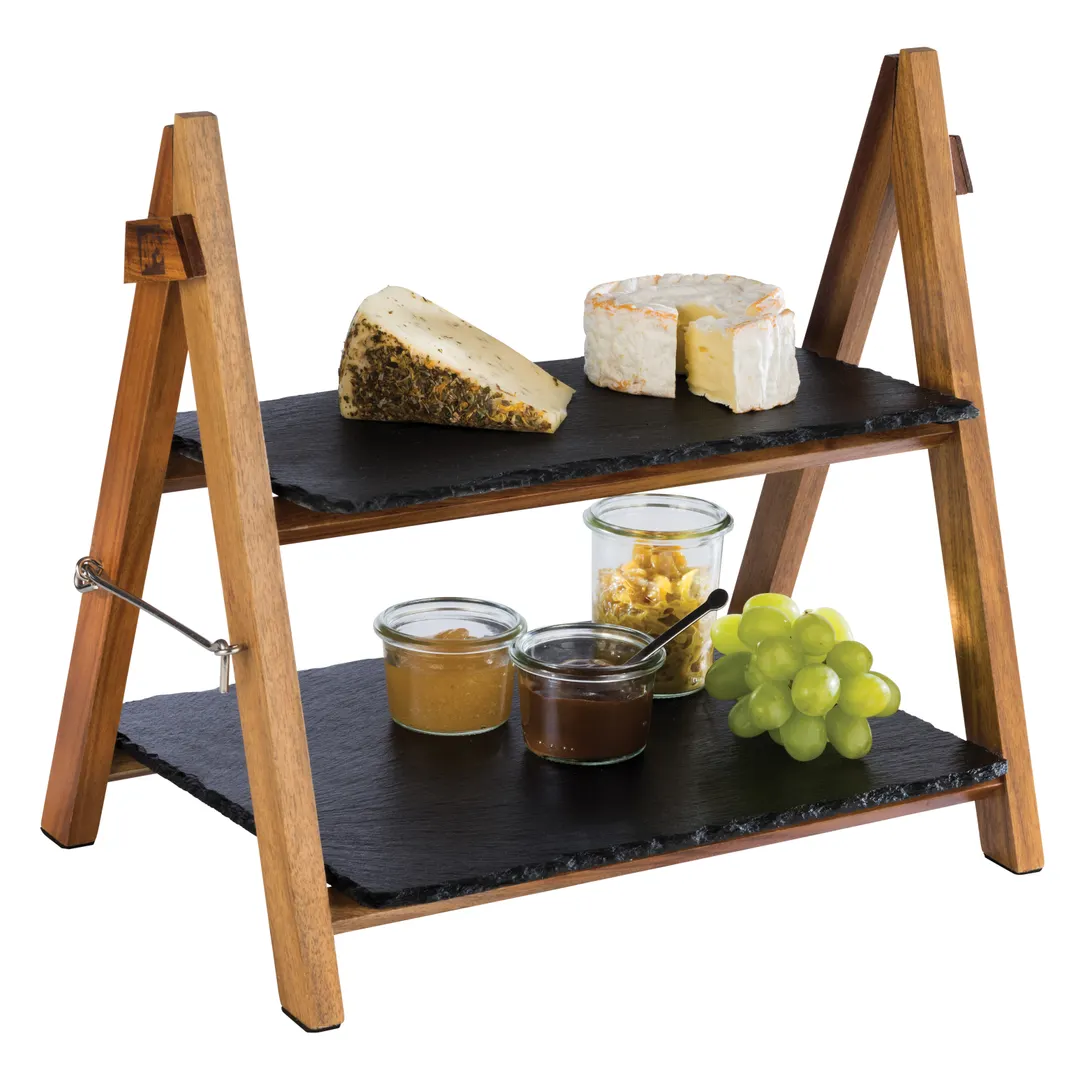 APS Germany APS 00958 - 2‑Tier Folding Serving Stand, 14"½" L x 10½" W x 13½" H, Natural Wood Base - 1/Case
