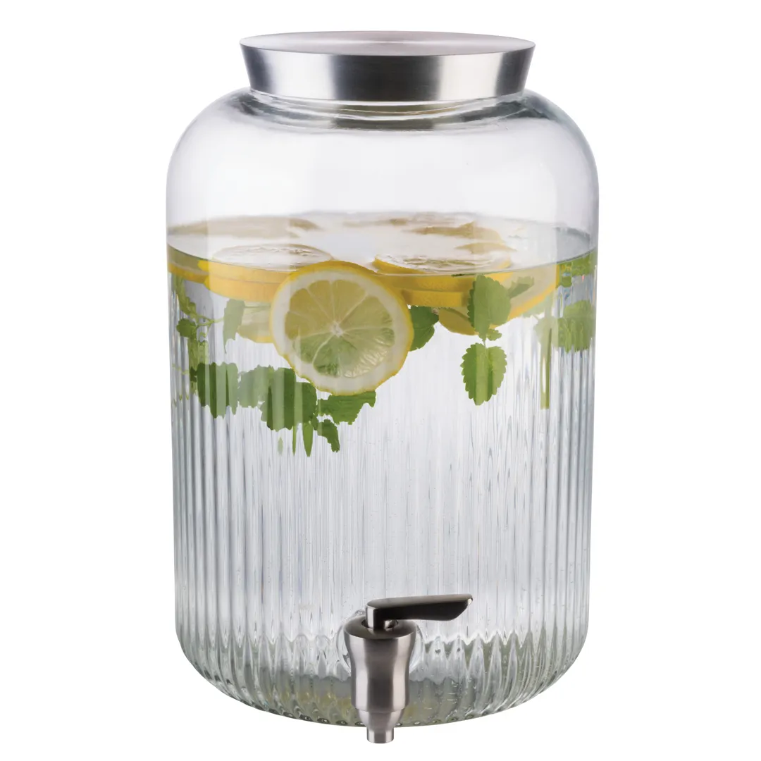 APS Germany APS 10855 - 236.75 oz Glass Beverage Dispenser, 7 " × 12 " Clear, Thick‑Walled Ribbed - 1/Case