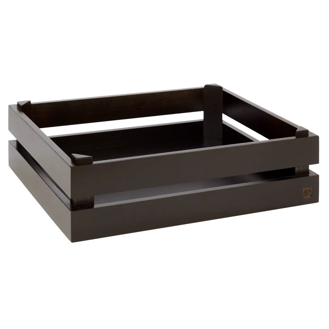 APS Germany APS 11627 - Acacia Wood Crate, 13"8" x 11"5" x 4"3", Black, Stackable, GN 1/2 - 1/Case