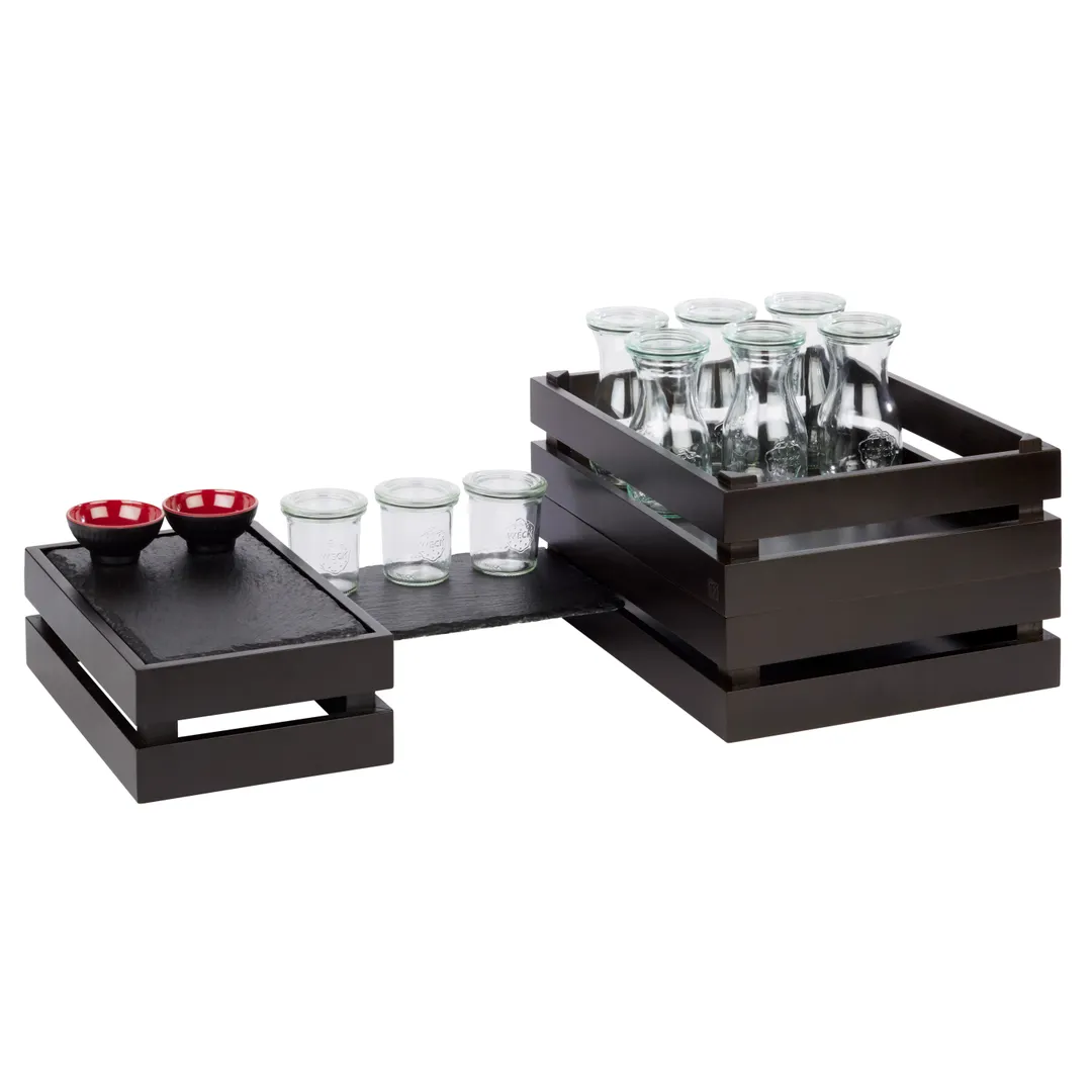 APS Germany APS 11628 Superbox Crate - 11½"L x 7⅜"W x 4¼"H Stackable Acacia Wood Black for GN¼ Pan - 1/Case