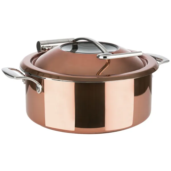 APS Germany APS 12335 - 4 Qt Round Copper‑Plated Chafing Dish with Stand, Waterpan & Foodpan – Set