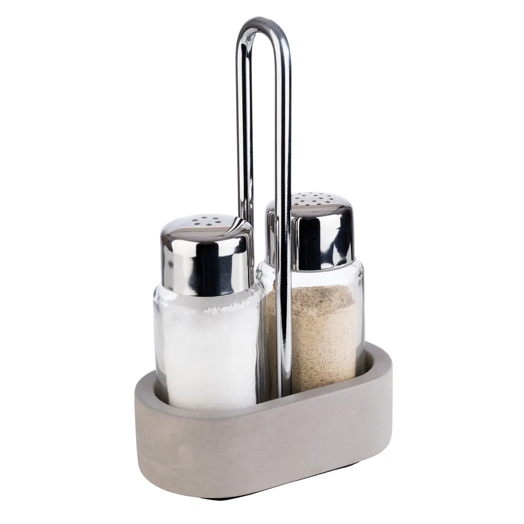 APS Germany APS 40410 - Salt & Pepper Set, 6 oz Glass Shakers with Lids, Cruet on Concrete Base - 1/Case