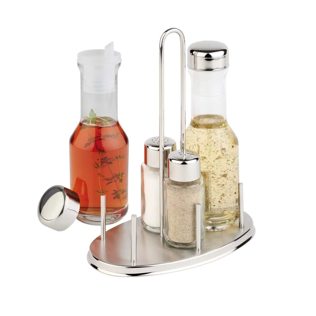 APS Germany APS 40450 - Oil & Vinegar Cruet Set, 6 oz Shakers with Covers, Spouts, Rack, - 12/Case