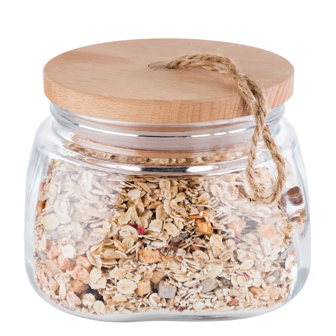 APS Germany APS 82255 - 33.9oz Clear Glass Jar, 5.6" Dia x 4.4" H, Wooden Lid with Rope Pull - 12/Case