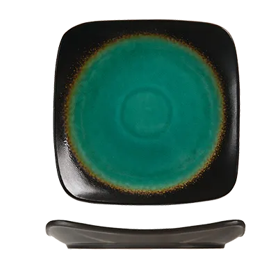 Libbey BF-10 Square Plate, 10.5" Turquoise Ceramic with Dark Brown Rim - 12/Case