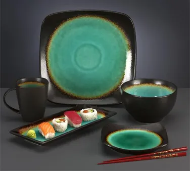 Libbey BF-11 - Rectangular Platter, 11.5" x 5", Turquoise Glazed Ceramic Dark Brown Rim - 12/Case