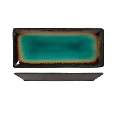 Libbey BF-11 - Rectangular Platter, 11.5" x 5", Turquoise Glazed Ceramic Dark Brown Rim - 12/Case