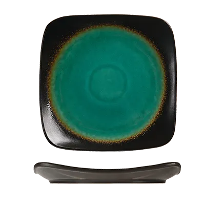 Libbey BF-6 Square China Plate, 6¼" Turquoise Glazed Ceramic with Dark Brown Rim - 36/Case