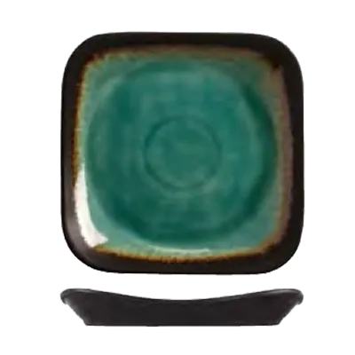 Libbey BF-8 Square China Plate, 9" Turquoise Glazed Ceramic with Dark Brown Rim - 12/Case