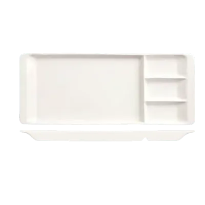 Libbey BW-3331 - 15" x 6¼" Rectangular 4‑Compartment Porcelain Tray, Ultra Bright White, Three 1¾ oz Wells - 12/Case