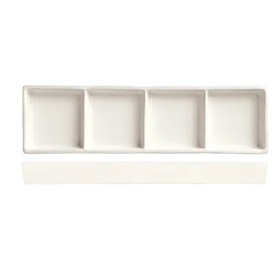 Libbey BW-4444 4‑Compartment Tray, 10.625" x 3.25", Bright White Porcelain, 2.25 oz Wells - 12/Case