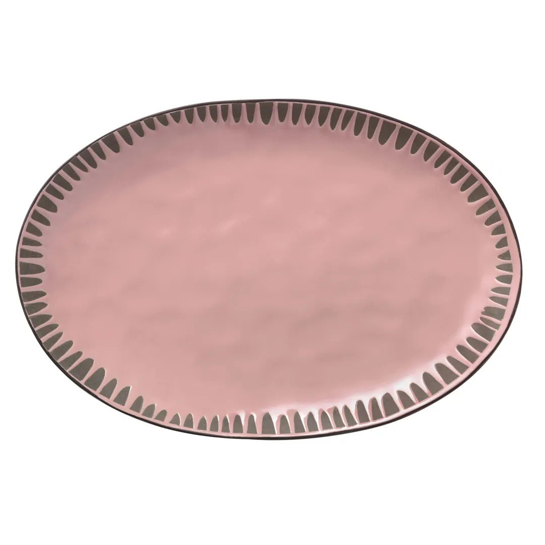 Libbey DULCET-4P Stoneware Oval Platter 12"5/8 x 8"5/8 Pink Notches Microwave Safe - 12/Case