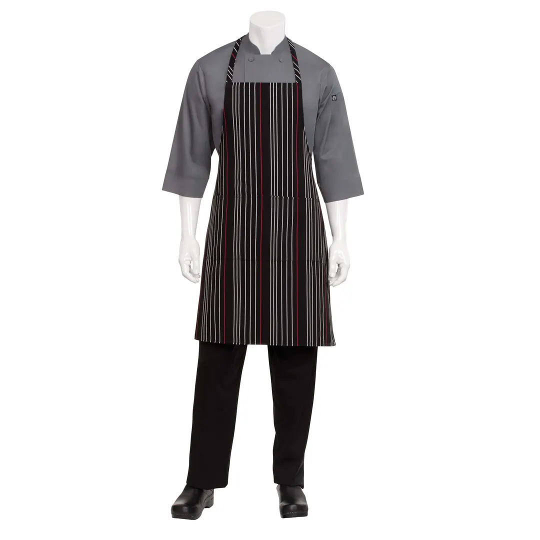 Chef Works A550-BWR-0 Bib Apron, 34-1/4"L x 27"W, Black/White/Red Stripes, 65/35 Poly/Cotton