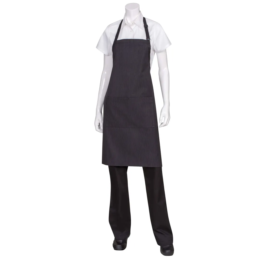 Chef Works AB012-PNS-0 Bib Apron, 34"L x 24"W, Strap, BlackTies, Pocket, PolyCotton, Pinstripe