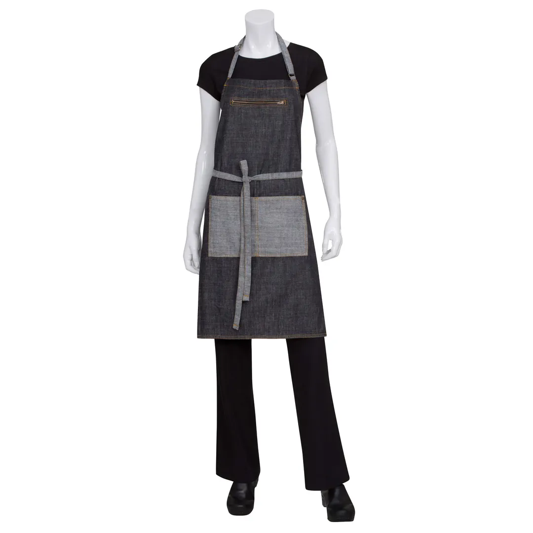 Chef Works AB034-BLK-0 Bib Apron, 34"L x 30"W, Adjustable Neck Buckle, Black 100% Cotton Denim