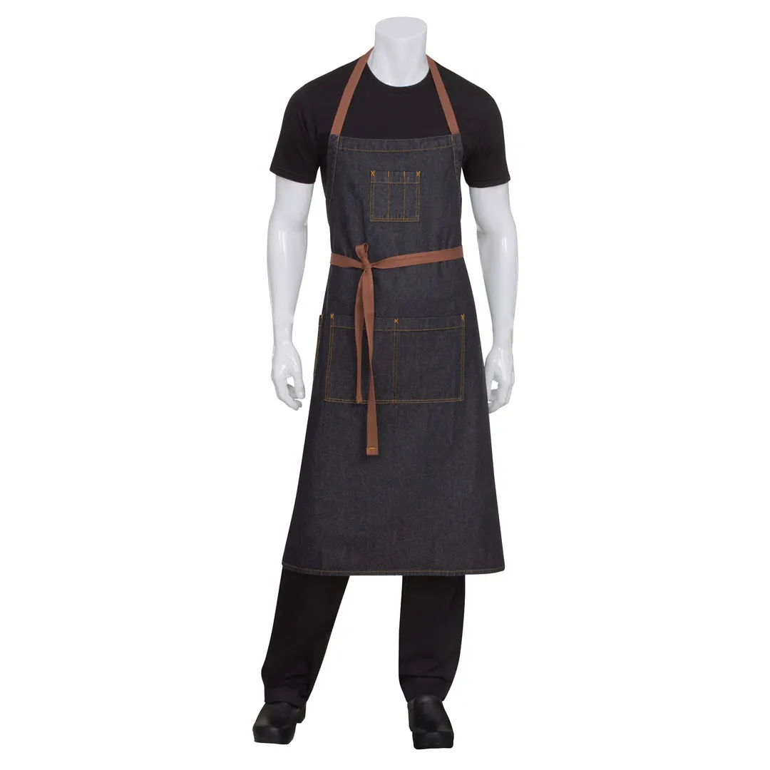 Chef Works AB036-BLK-0 Bib Apron, 40"L x 35"W, Black, 100% Cotton Denim, Adjustable Strap, 4 Pockets