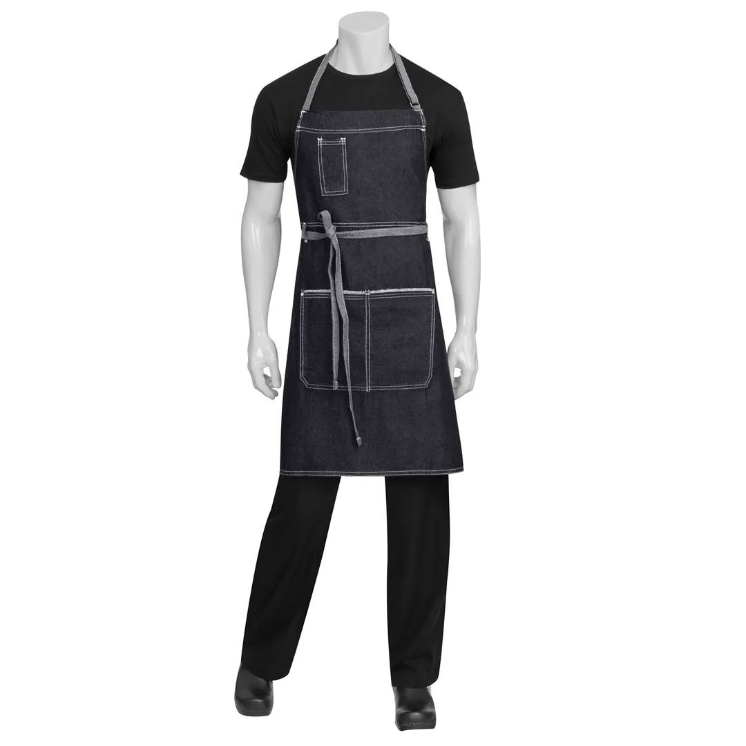 Chef Works AB041-BLK-0 Bib Apron, 34"L x 30"W, 100% Cotton Denim, Black, Neck Strap, Front Pockets