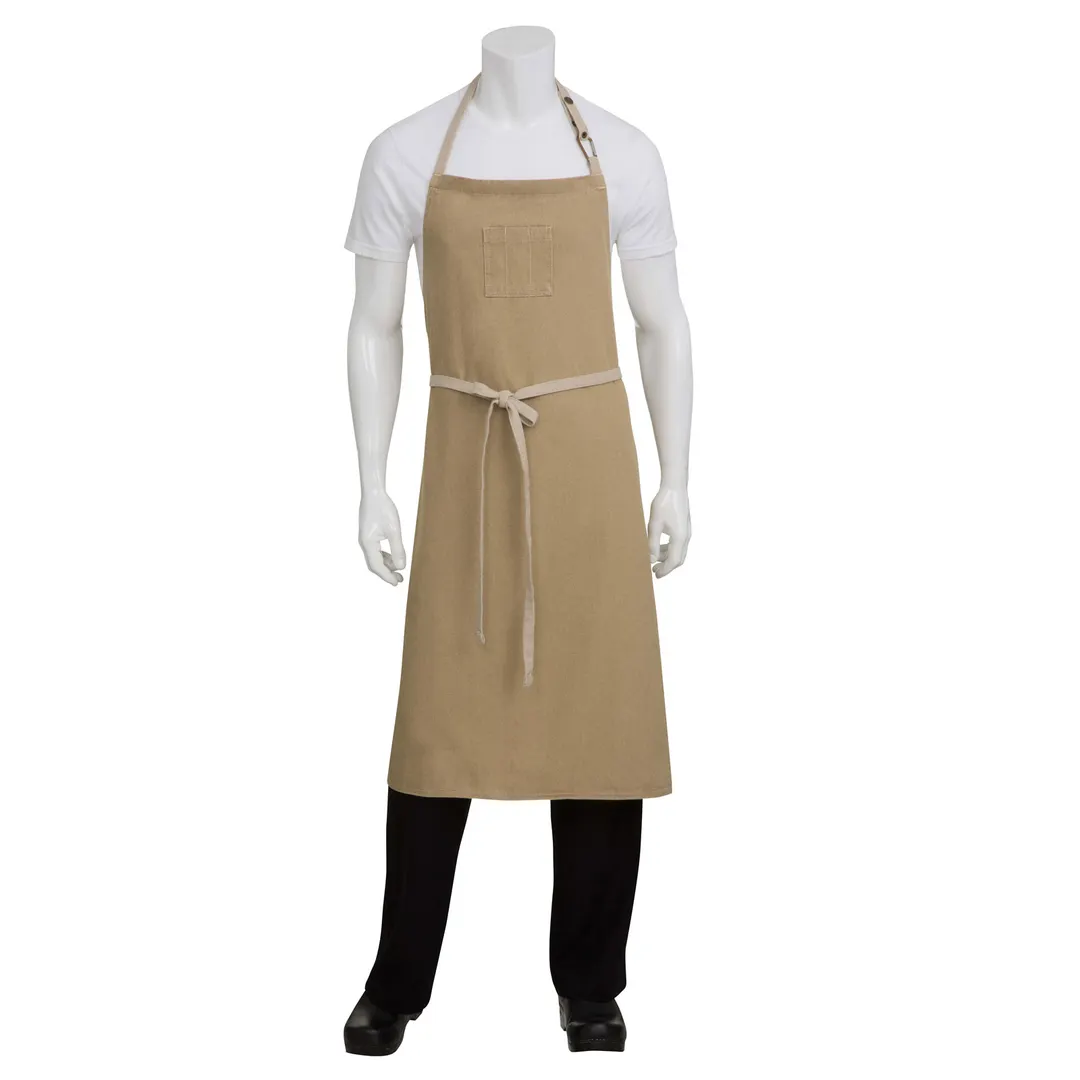 Chef Works ABCCD006-NAT-0 Bib Apron, 40"L x 39"W, 100% Cotton Denim, Neck Strap, Khaki - 1/Each
