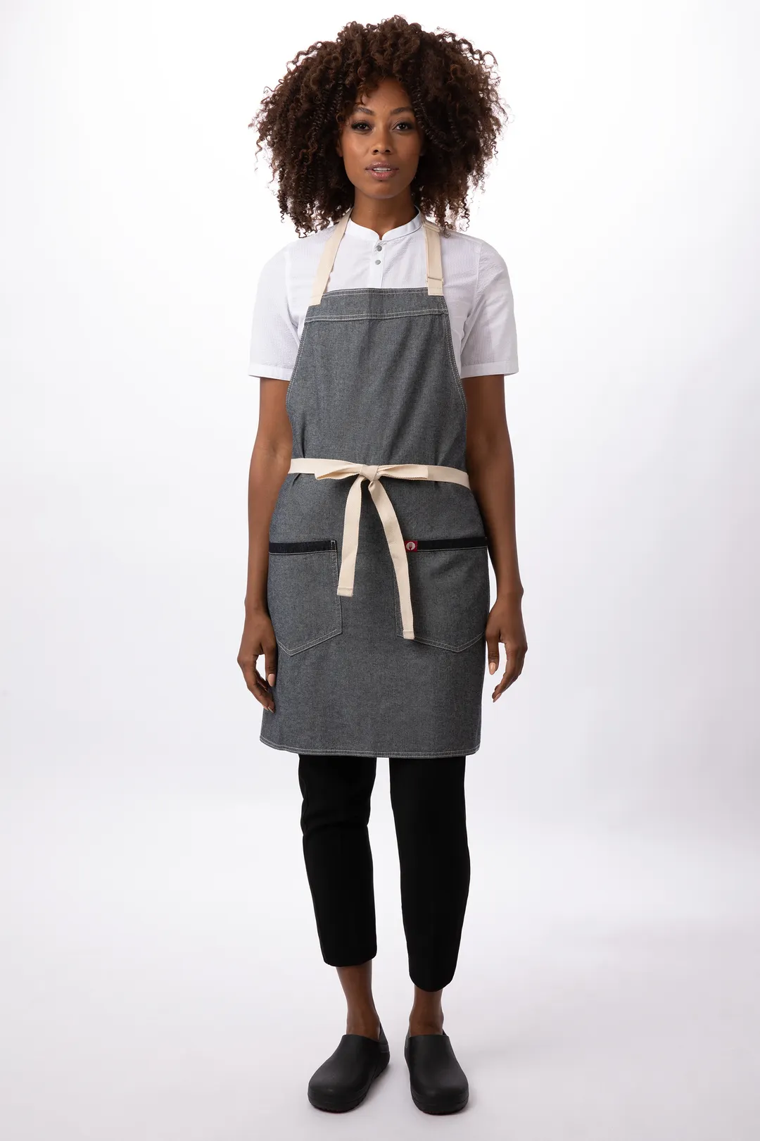 Chef Works ABN06-IBW-0 Bib Apron, 31-1/2"L x 32-1/2"W, 2 Pockets, Adjustable Neck, Cotton, Stone Blue
