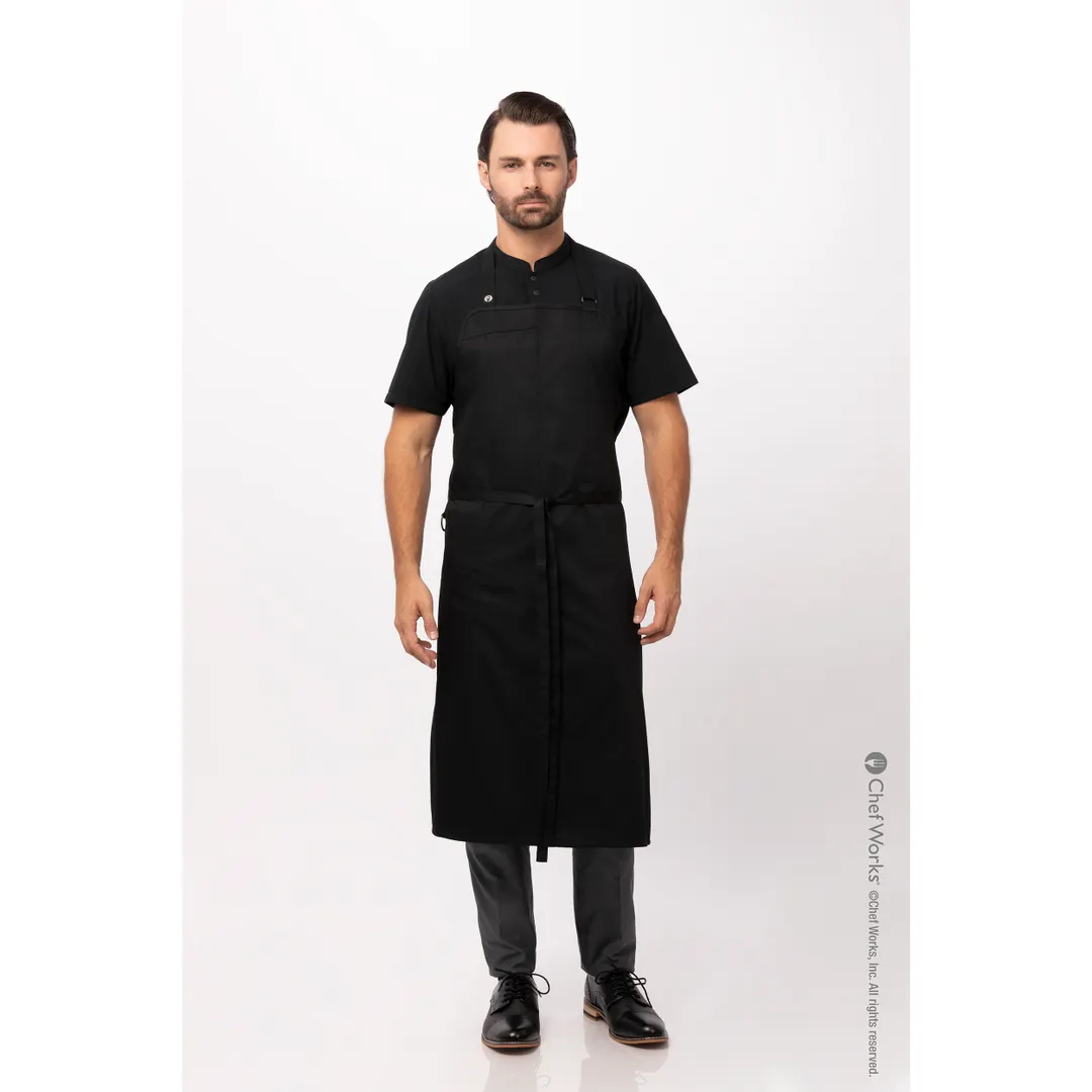 Chef Works ACN01-BLK-0 Bib Apron, 40"L x 43"W, Elastic Neck Strap, Pocket, Black 65/35 Poly/Cotton