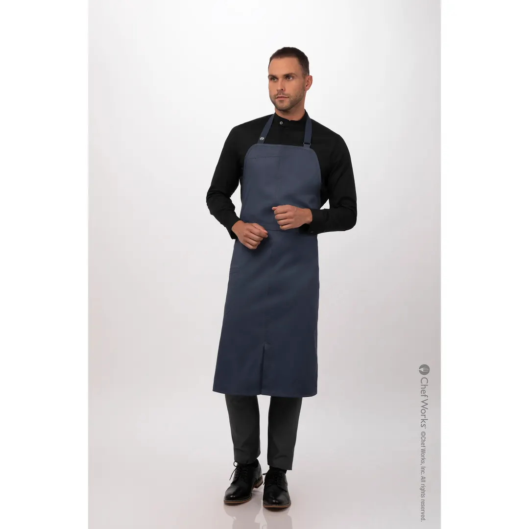Chef Works ACN01-BLU-0 Bib Apron, 40"L x 43"W, Elastic Neck Strap, Pocket, Blue, 65/35 Poly/Cotton