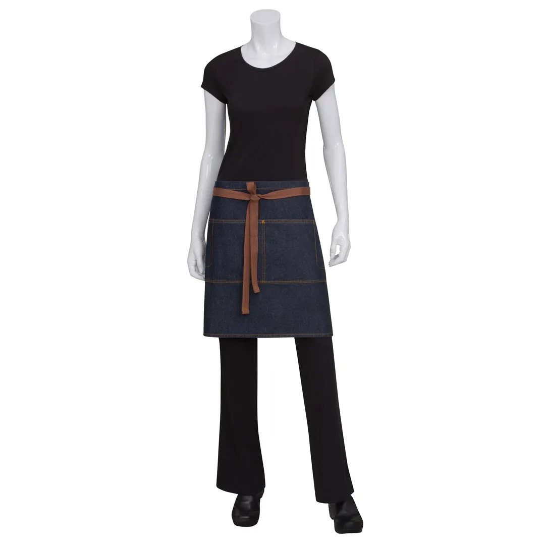 Chef Works AW048-IBL-0 Indigo Blue 19"L x 28.5"W Waist Apron, 100% Cotton Denim, Double Pockets - 1/Case