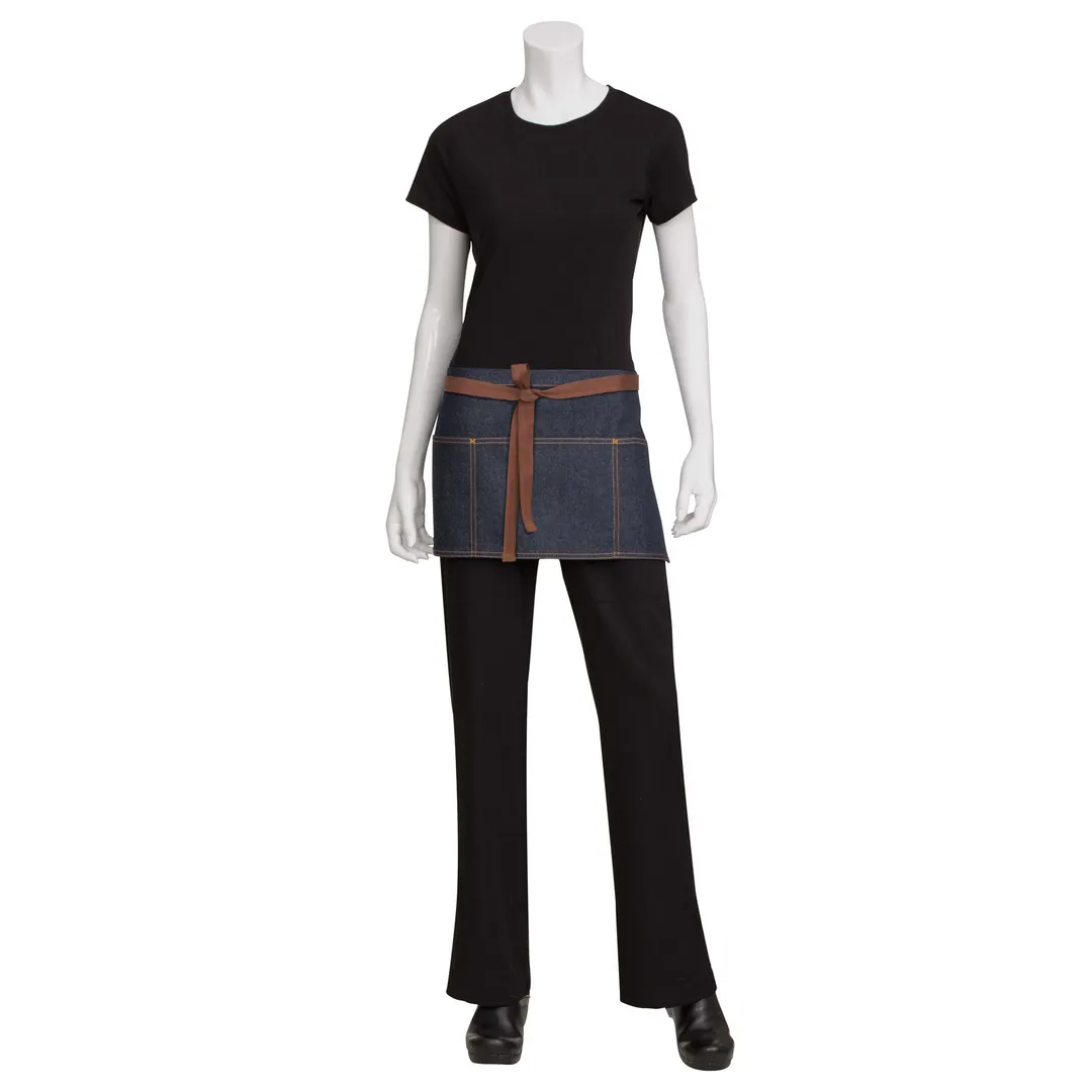 Chef Works AW054-IBL-0 Indigo Blue 12"L x 23"W Waist Apron, 100% Cotton Denim, 3 Pockets - 1/Case