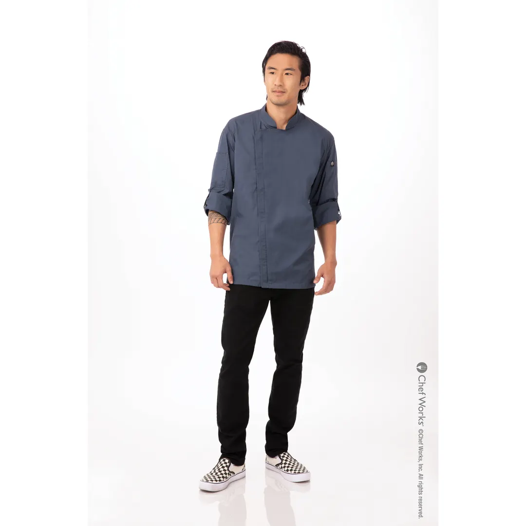 Chef Works BCLZ008-BLU-5XL - Men's Hartford Chef Coat, 5XL Blue, Poly/Cotton, Pockets, Slits