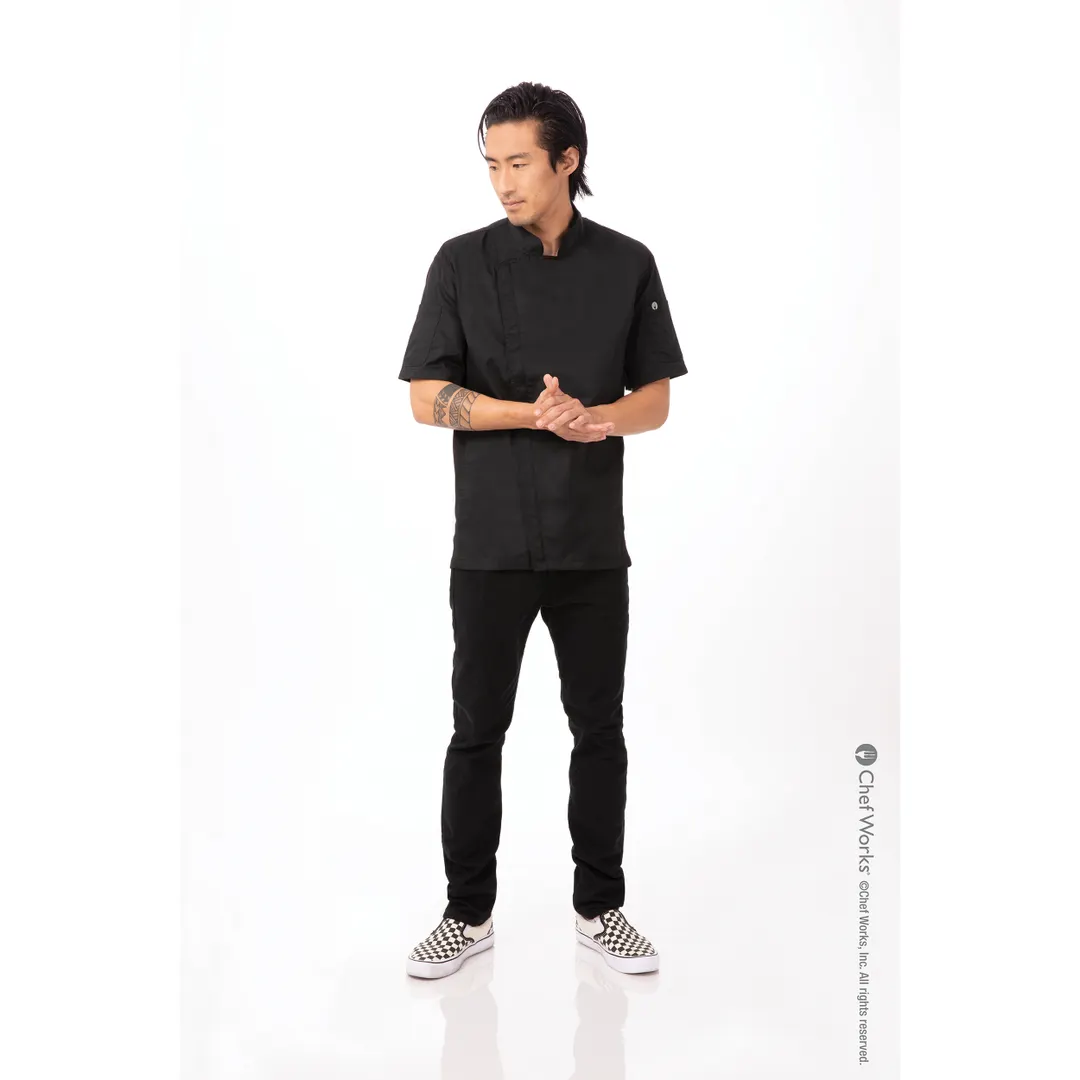 Chef Works BCSZ009-BLK-5XL - Short Sleeve Chef Coat, 5XL Twill, Thermo & Phone Pockets, Apron Snap