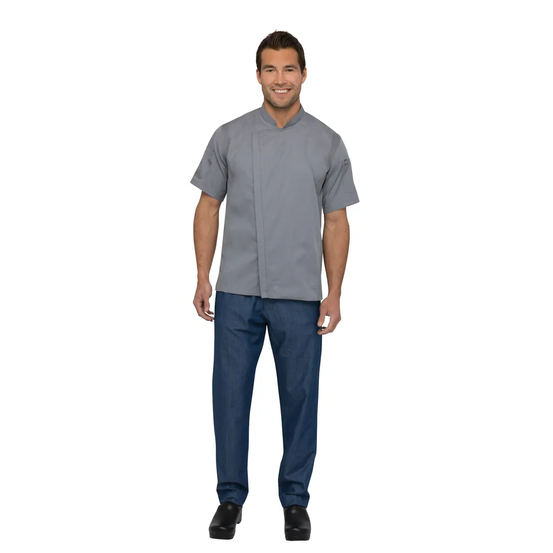 Chef Works BCSZ009-GRY-XS Chef Coat, Short Sleeve, Gray XS, 65/35 Poly/Cotton Twill, 2‑Way Zipper