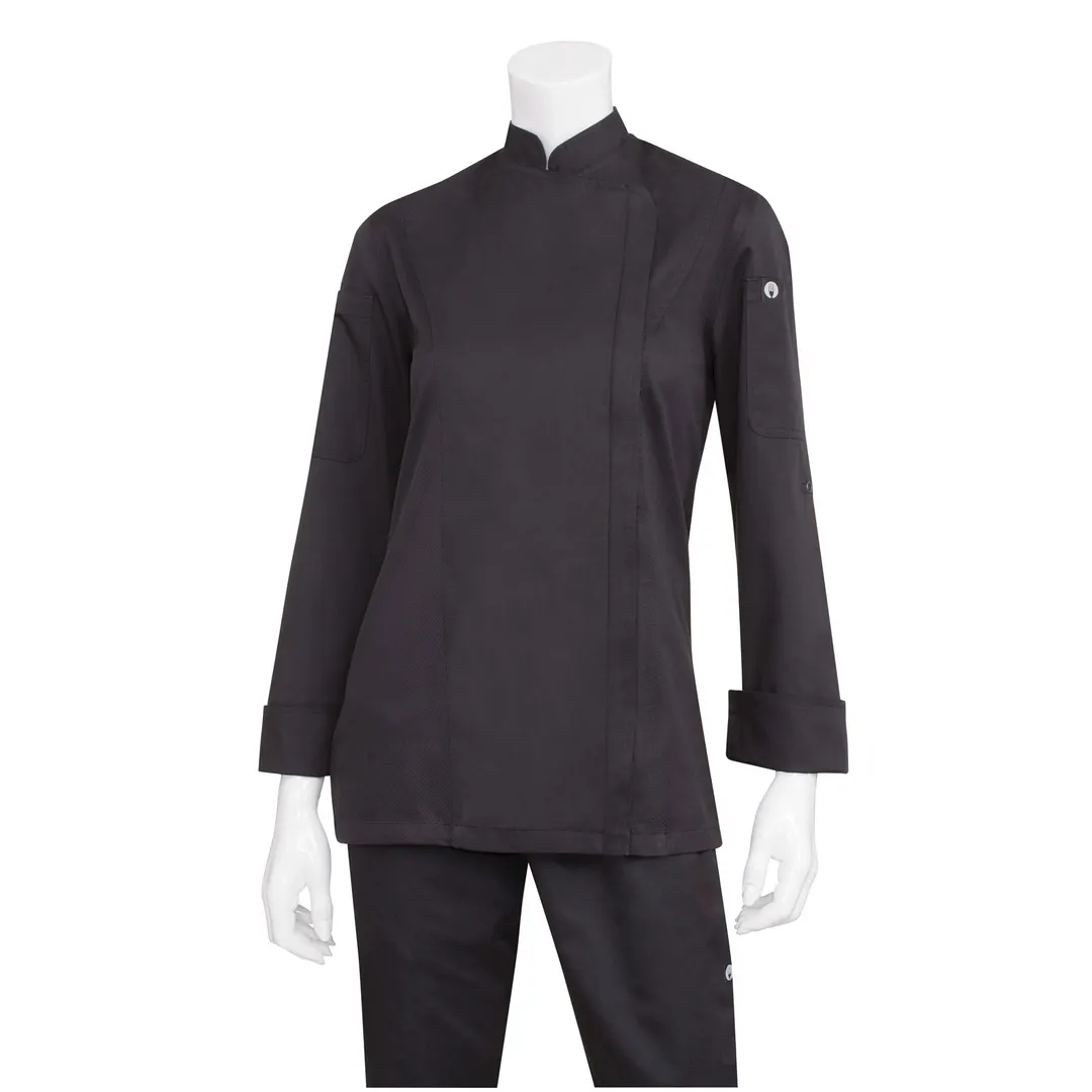 Chef Works BCWLZ005-BLK-L Women Chef Coat L Black 65/35 Twill Roll‑Up Sleeves CoolVent 2‑Way Zipper