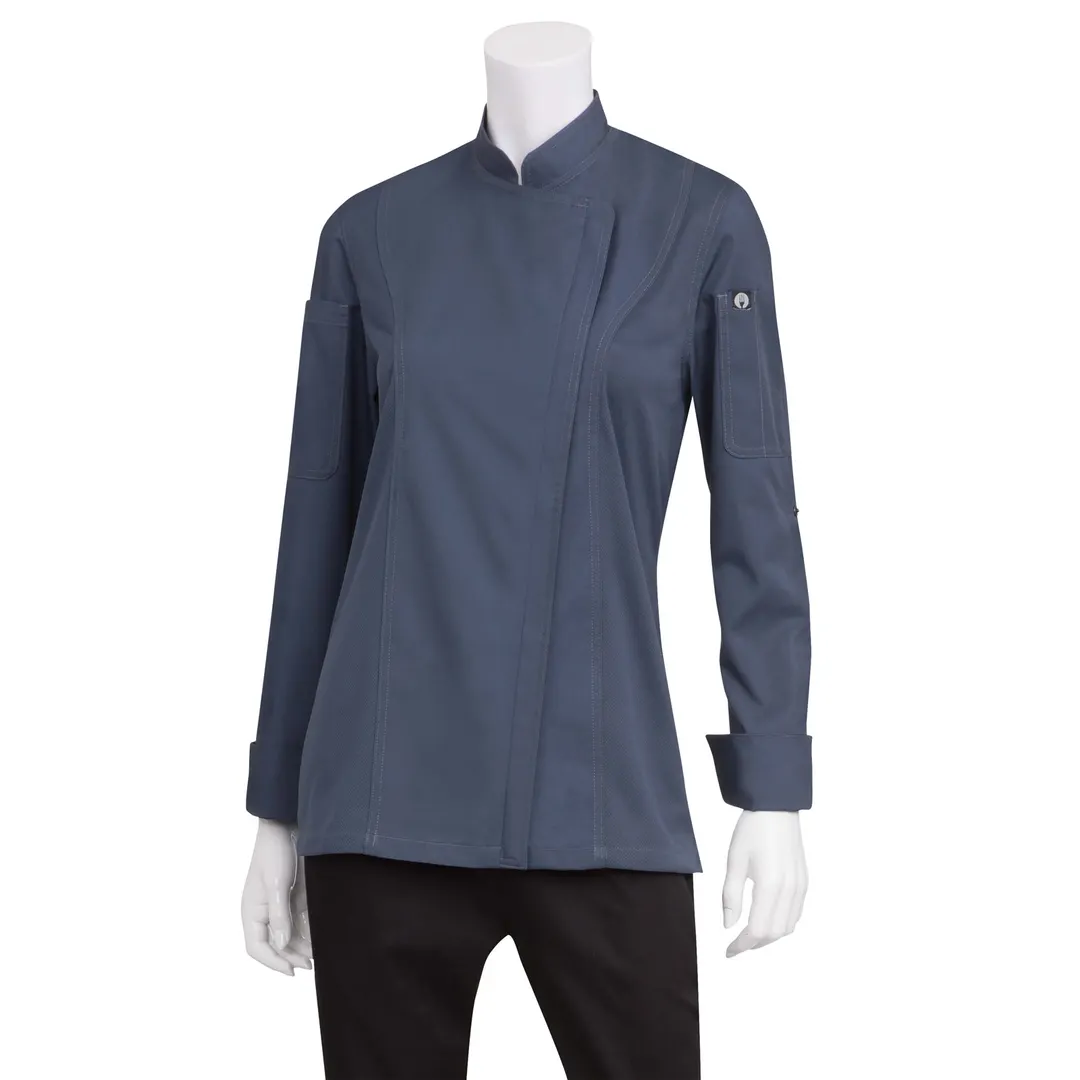 Chef Works BCWLZ005-BLU-S Chef Coat, Small Blue PolyCotton, Long Sleeves, 2‑Way Zipper, Cool Vent™