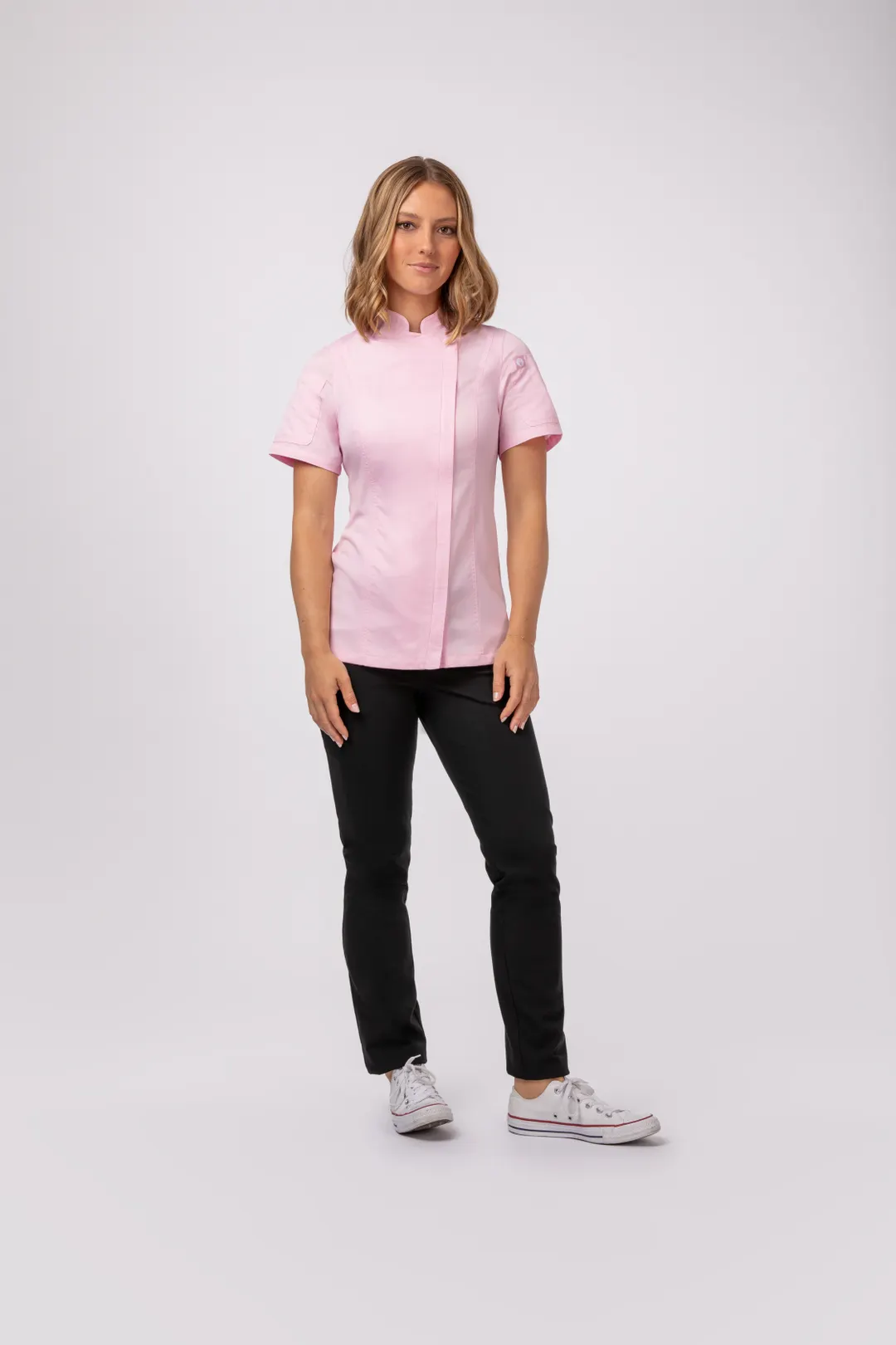 Chef Works BCWSZ006-PIN-M Women's Chef Coat, Medium Pink, Short Sleeve, Poly/Cotton Twill