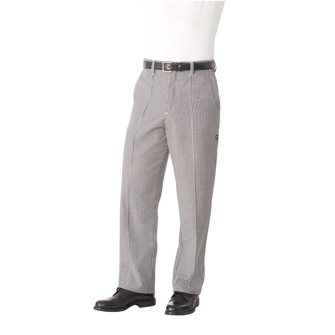 Chef Works BWCP-000-40 Classic Chef Pants, Size 40, Black Checkered 65/35 PolyCotton, Unisex, Relaxed Fit, Tapered Leg, Belt Loops, Button/Zipper Closure