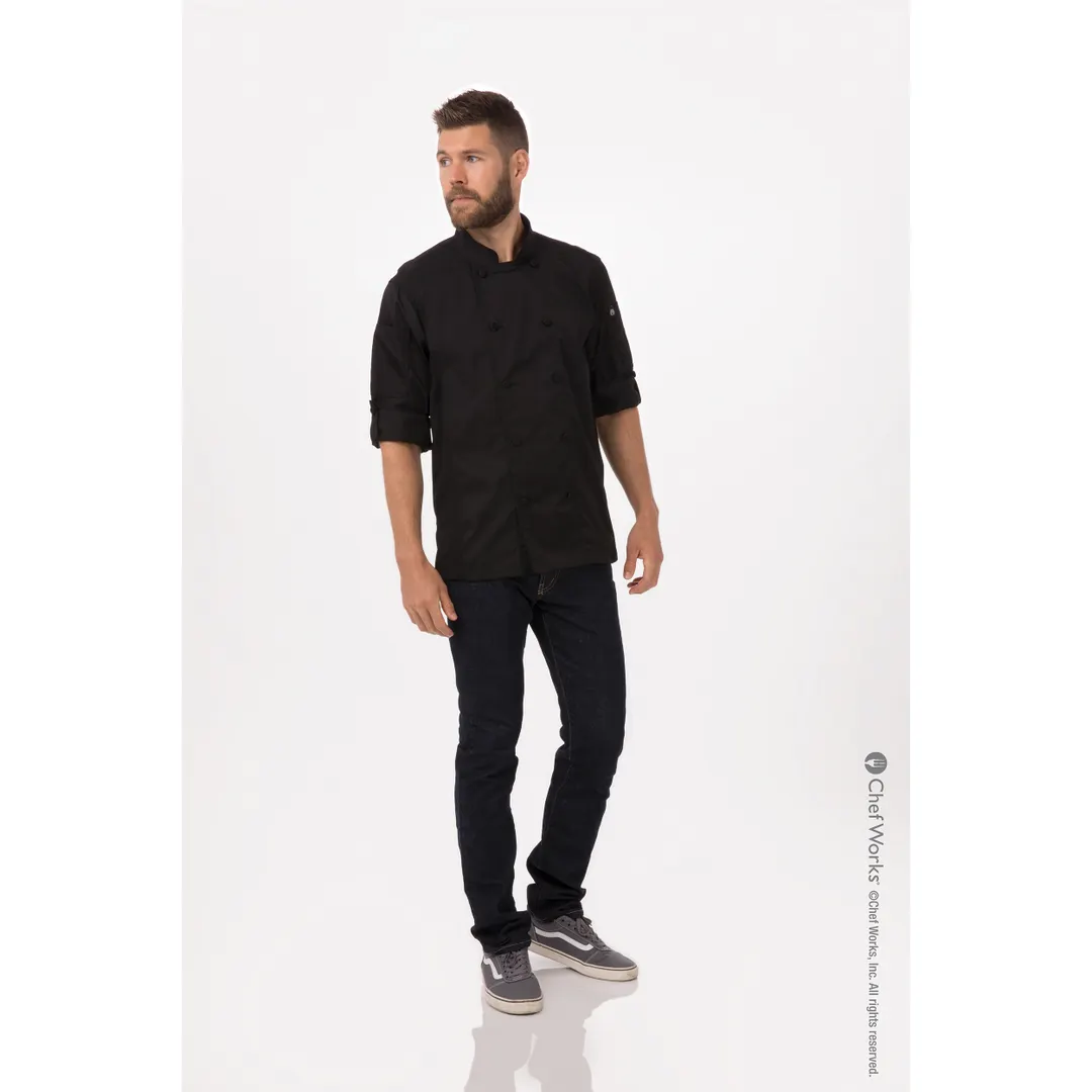 Chef Works CBC01-BLK-XS Men’s Bowden Chef Coat, XSmall Black, 65/35 Poly/Cotton Lite Twill