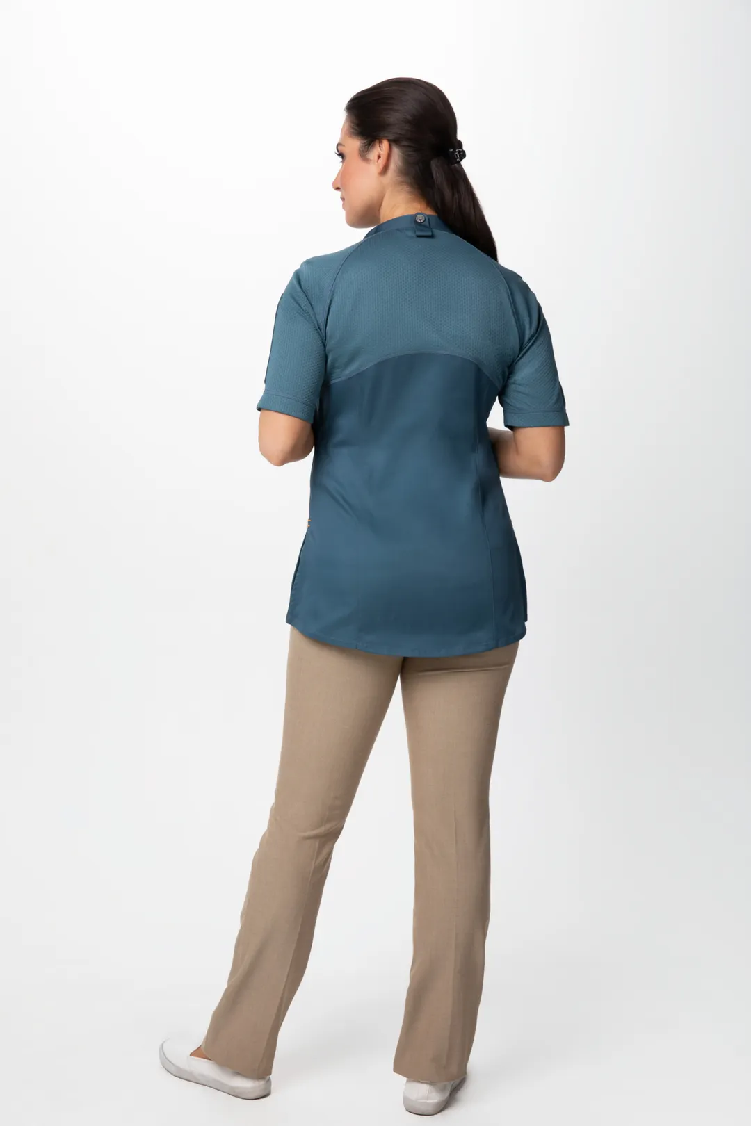 Chef Works CBZ03W-TEA-XS Chef Coat, Zip Front with Snap Collar, Teal Polyester Mesh, 62/38 Blend, XS