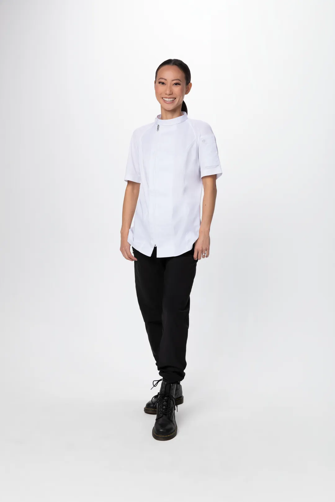 Chef Works CBZ03W-WHT-XS Women's Chef Coat XS White 62/38 PolyCotton Sleeve Zip Collar Slits Pocket