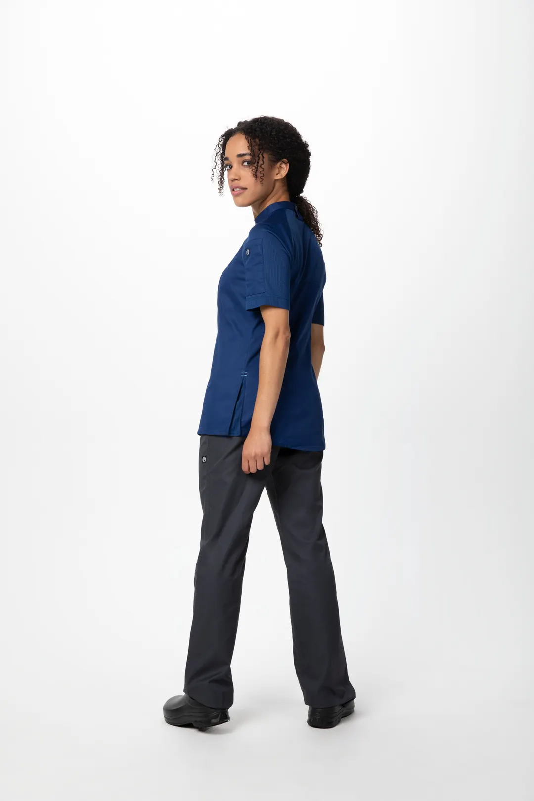 Chef Works CBZ04W-OCB-L Women's Chef Coat, Short Sleeve Zipper, Ocean Blue, Size L, 62/38 PolyCotton