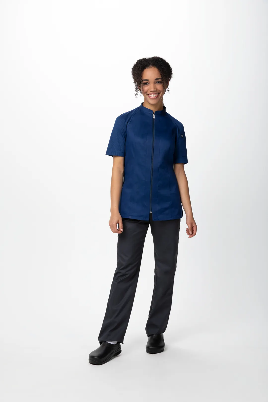 Chef Works CBZ04W-OCB-L Women's Chef Coat, Short Sleeve Zipper, Ocean Blue, Size L, 62/38 PolyCotton