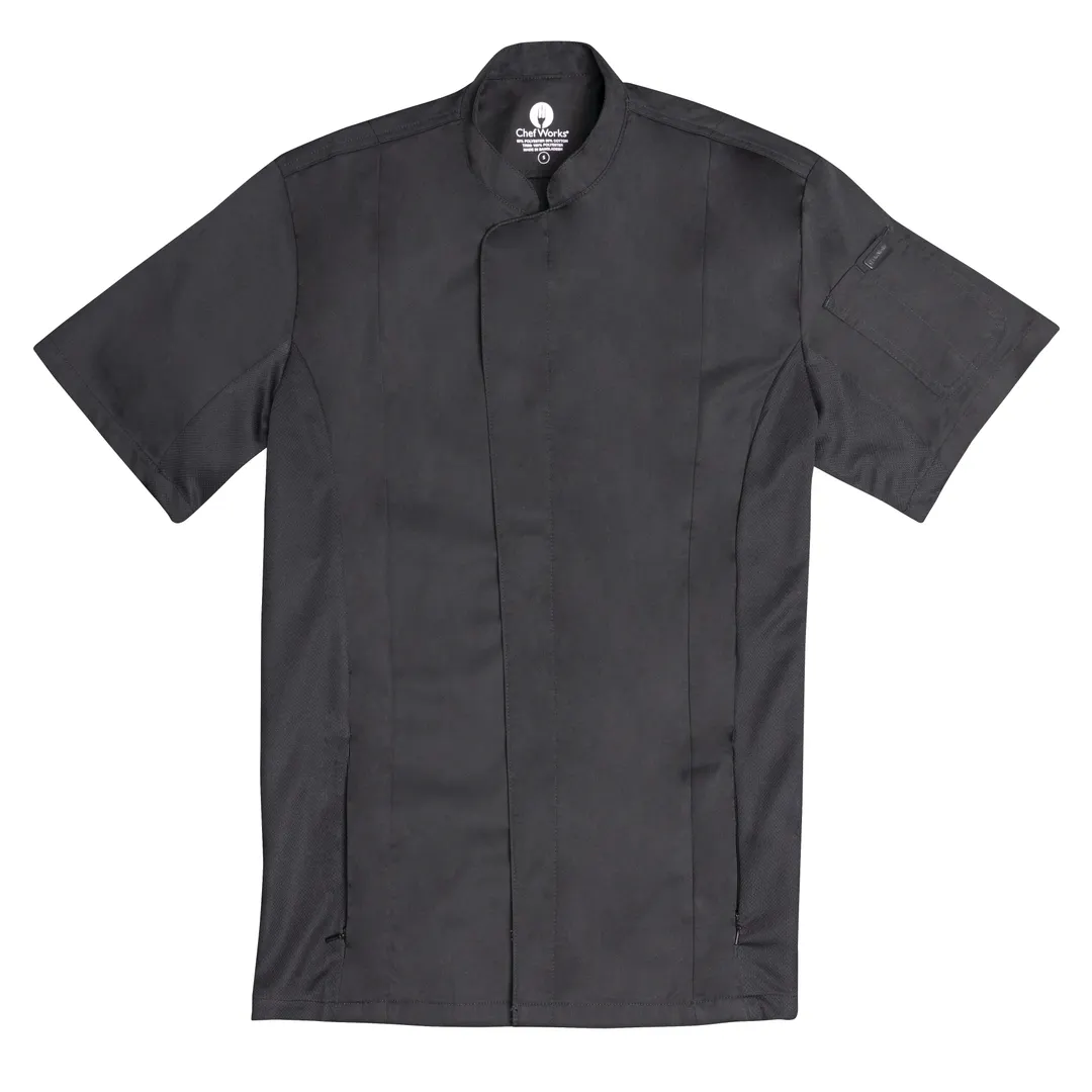 Chef Works CES02-BLK-M Chef Coat, Medium, Black, 65/35 Poly/Cotton Twill, Short Sleeve