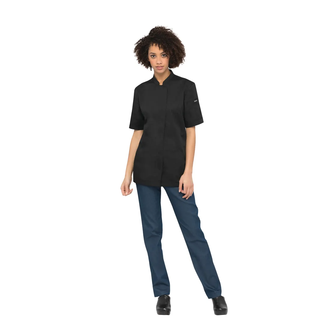 Chef Works CES02W-BLK-S Chef Coat, Short Sleeve, Black, Size S, 65/35 Poly/Cotton Twill, Slim Fit