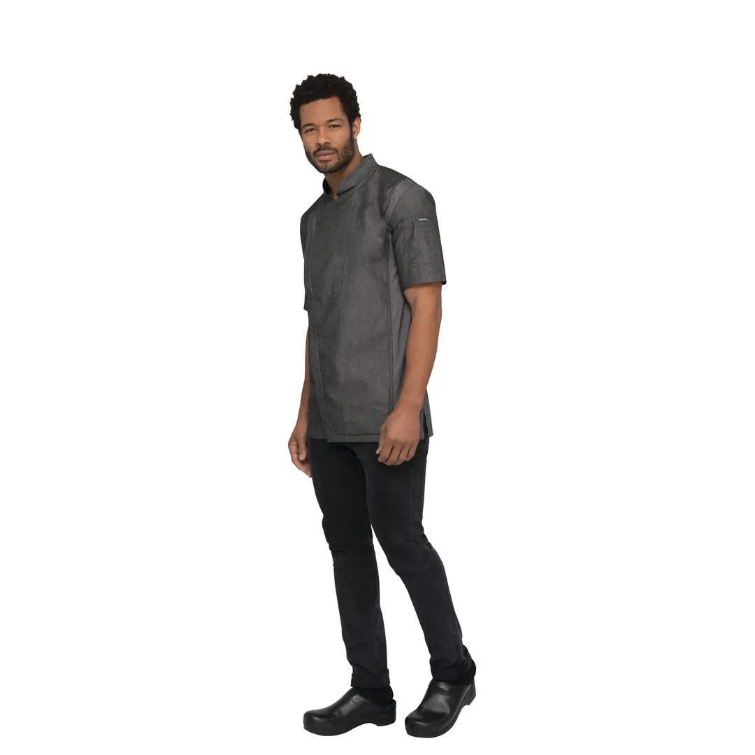 Chef Works CEZ01-BLK-L Delancey Chef Coat, Large Black Cotton Denim, 2‑Way Zipper, Apron Snap