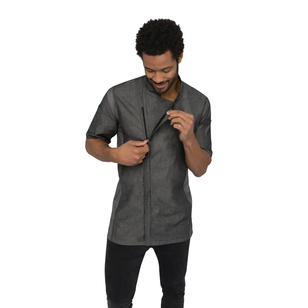 Chef Works CEZ01-BLK-S Chef Coat, Short Sleeve, Black, Small, Cotton Denim, 2‑Way Zipper