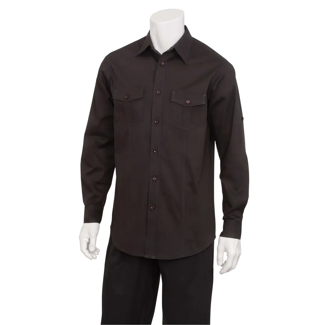 Chef Works DPDS-BLK-L Men's Pilot Shirt, Large, Black, Poly/Cotton, Long Sleeve, Button Front
