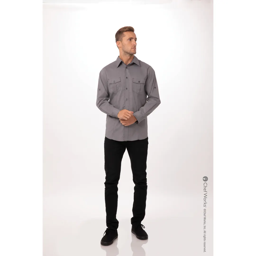 Chef Works DPDS-GRY-3XL Men's Pilot Shirt Gray, 3XL, Poly/Cotton, Roll-Up Long Sleeves, Button Front